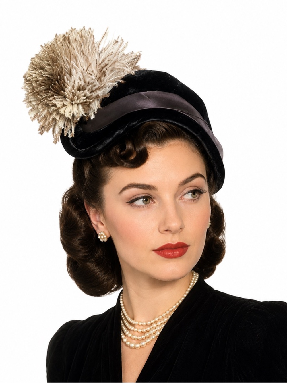 Lewis Hat Shoppe Vintage 1940s Black Velvet Tilt Cocktail Hat Ostrich Plume